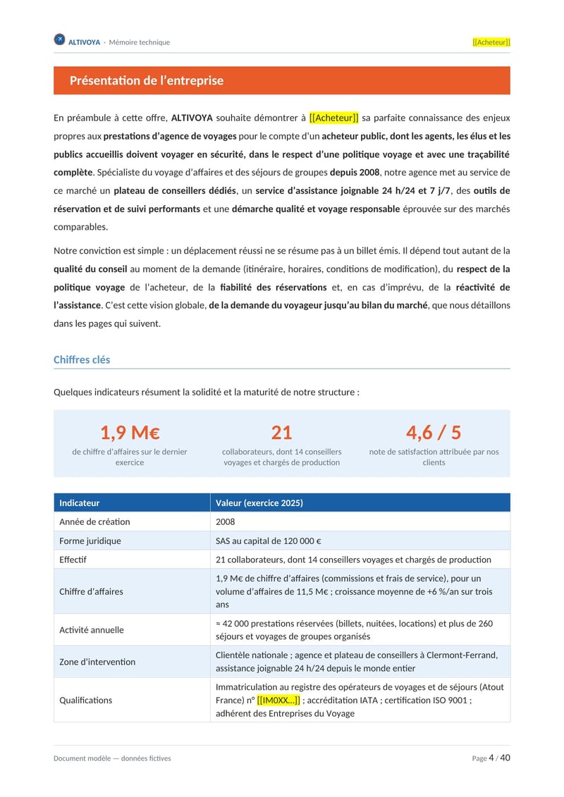 Page commentée du modèle de mémoire technique agence de voyages