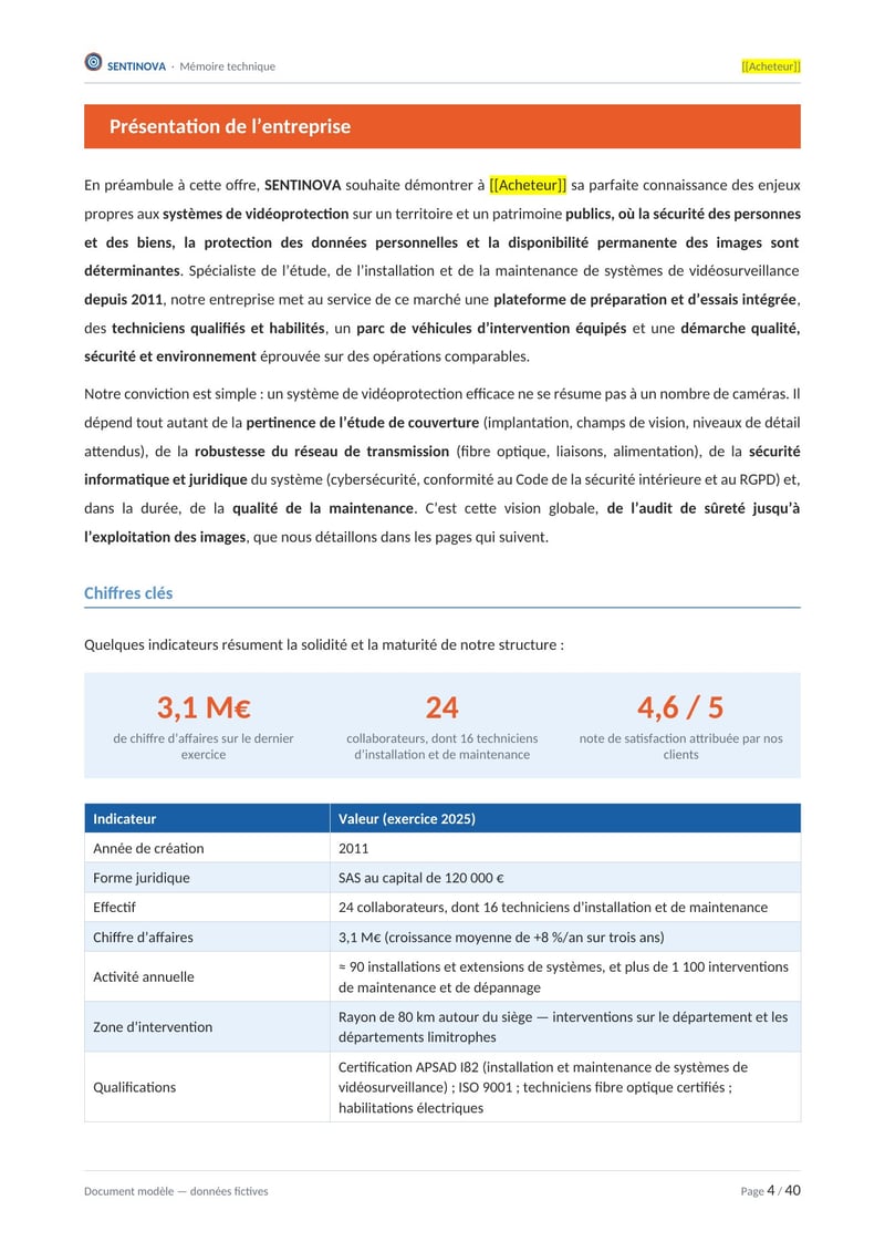 Page commentée du modèle de mémoire technique vidéosurveillance