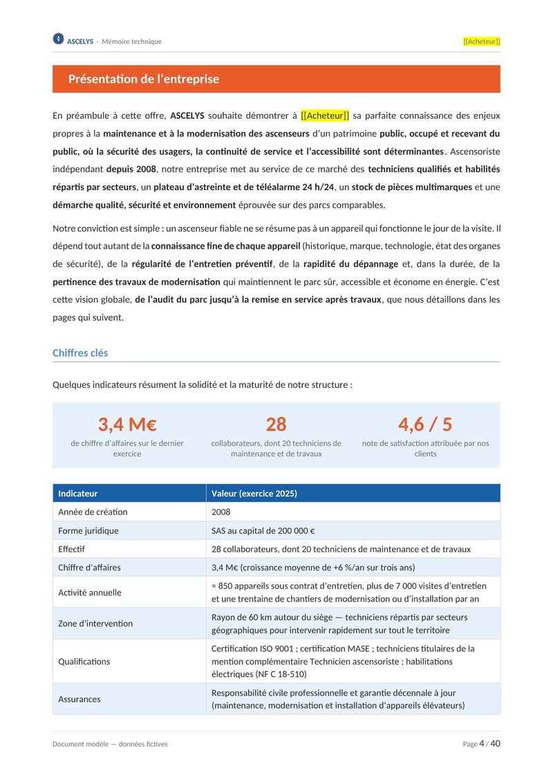 Page commentée du modèle de mémoire technique ascenseurs