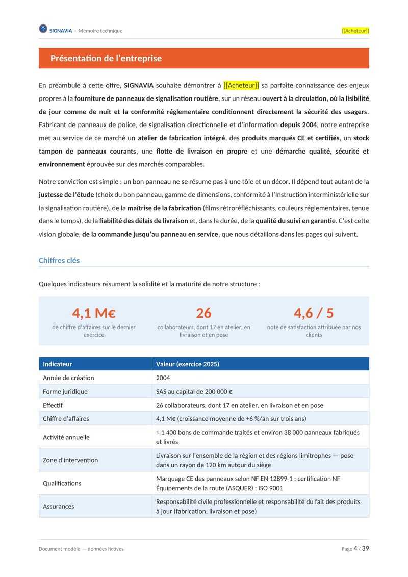 Page commentée du modèle de mémoire technique fourniture de panneaux