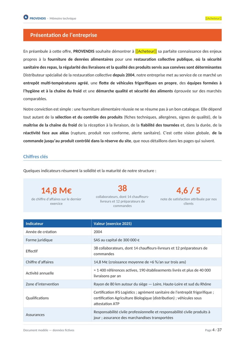 Page commentée du modèle de mémoire technique fourniture d'aliments