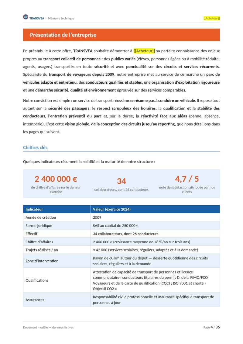 Page commentée du modèle de mémoire technique transport de personnes