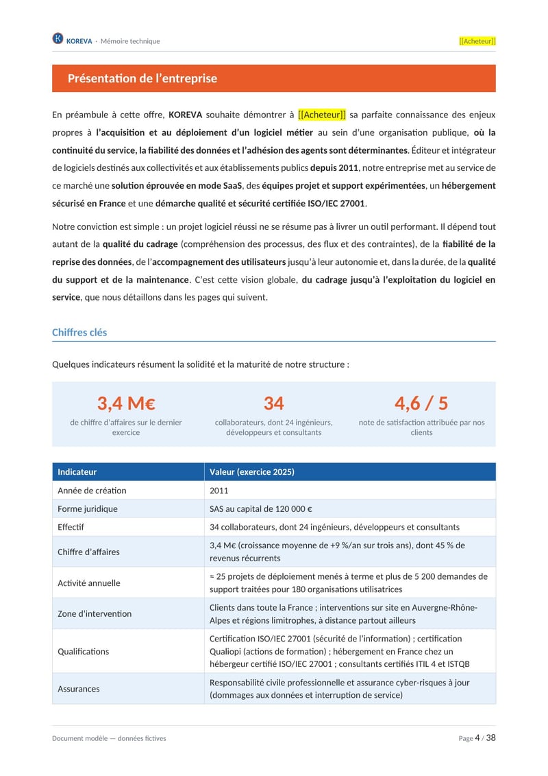 Page commentée du modèle de mémoire technique acquisition d'un logiciel