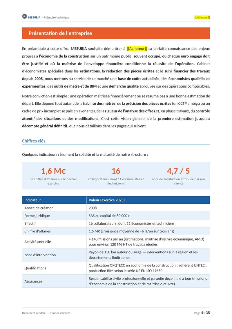 Page commentée du modèle de mémoire technique économiste de la construction