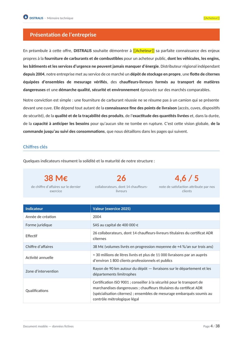 Page commentée du modèle de mémoire technique fourniture de carburant