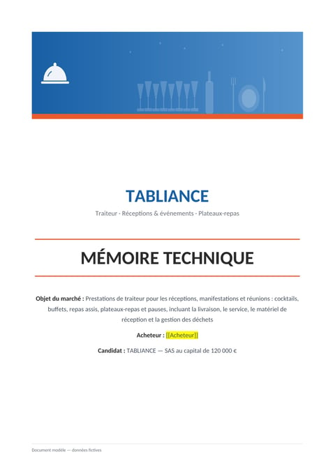 Aperçu du modèle de mémoire technique traiteur