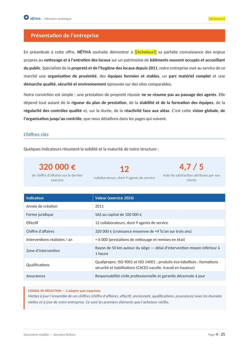 Page commentée du modèle de mémoire technique nettoyage de locaux