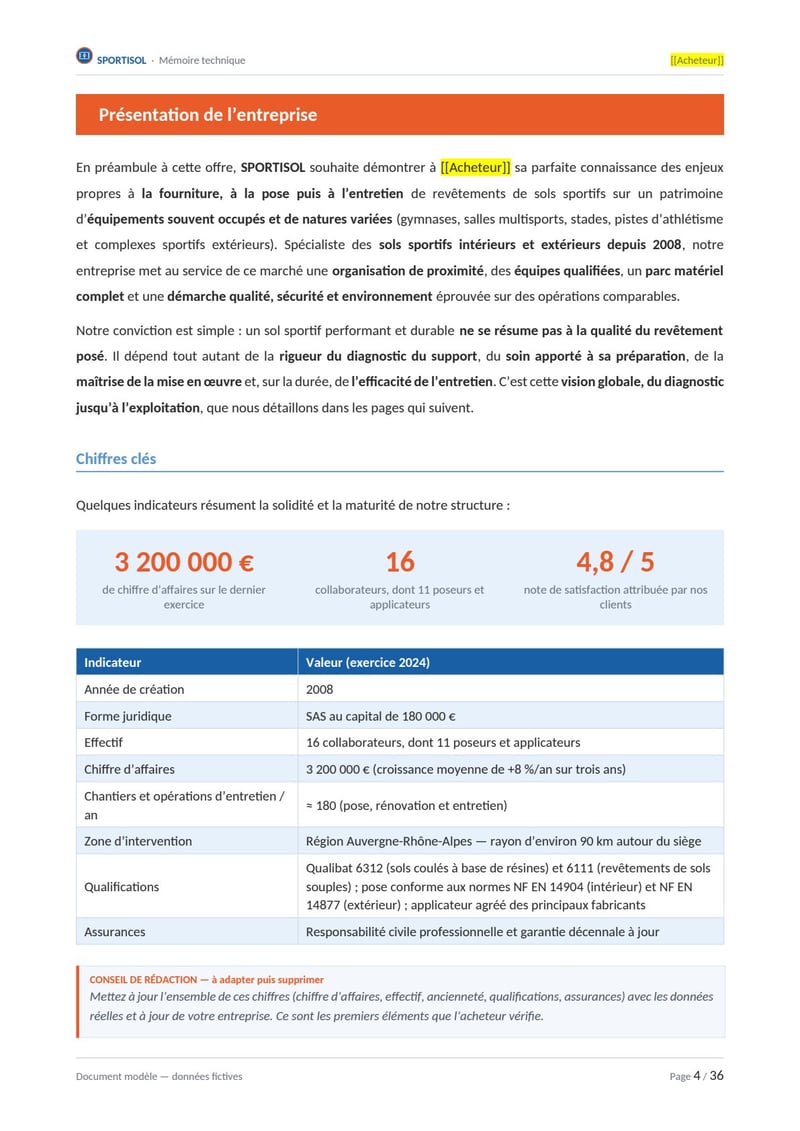 Page commentée du modèle de mémoire technique sols sportifs