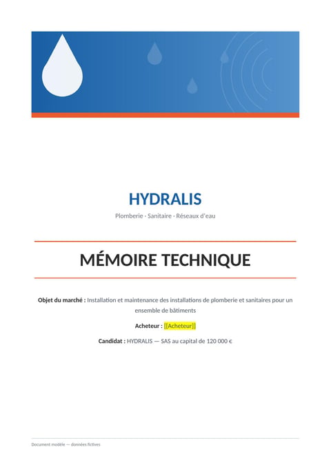 Aperçu du modèle de mémoire technique plomberie