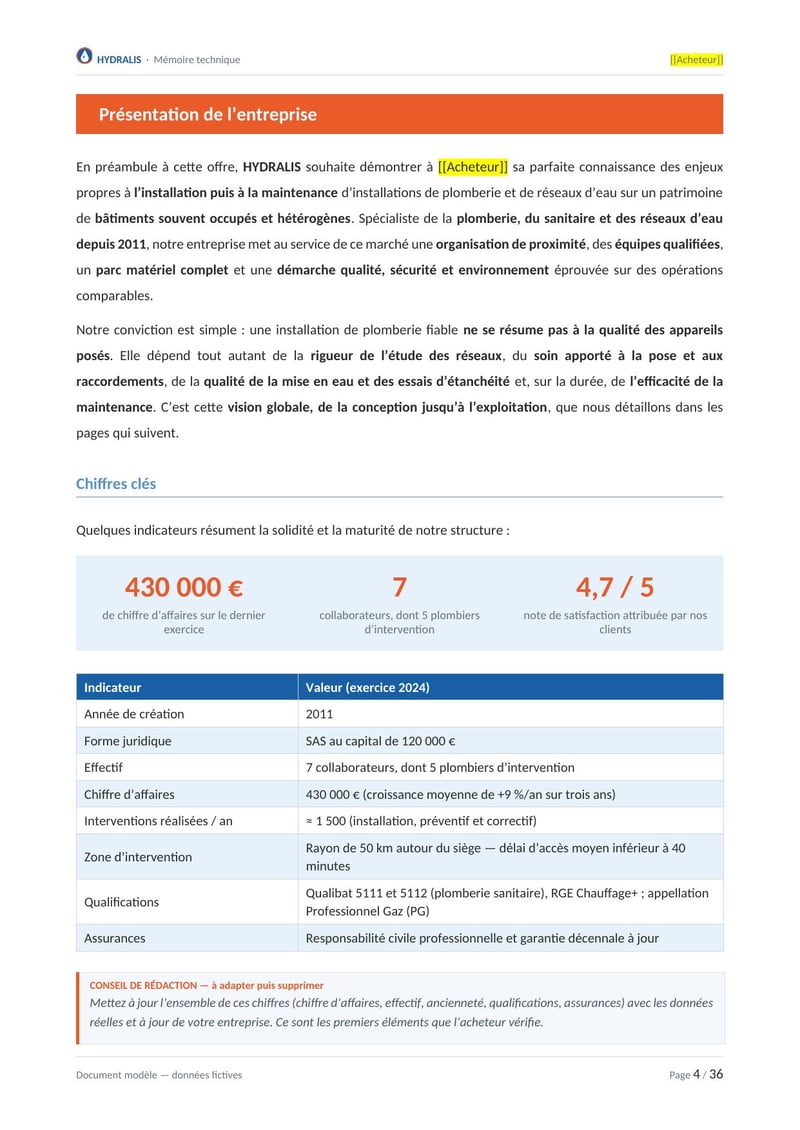 Page commentée du modèle de mémoire technique plomberie