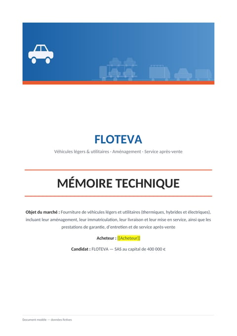 Aperçu du modèle de mémoire technique fourniture de véhicules