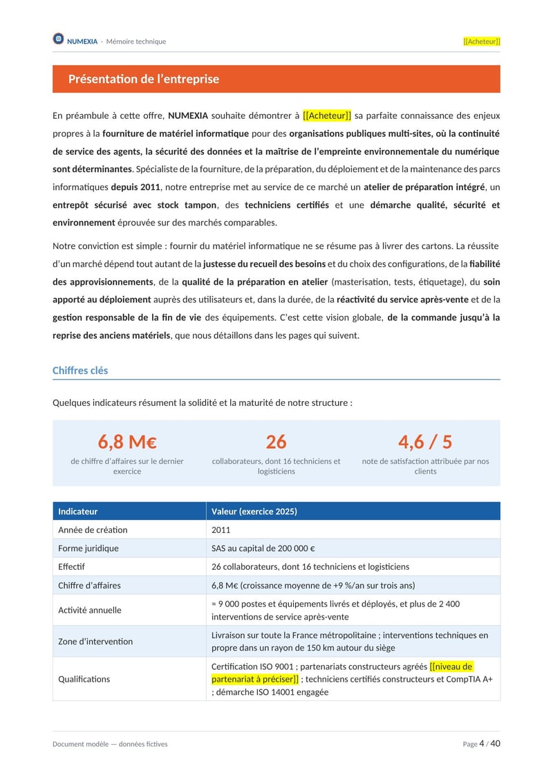 Page commentée du modèle de mémoire technique fourniture de matériel informatique