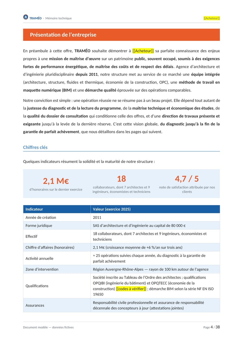 Page commentée du modèle de mémoire technique maîtrise d'œuvre