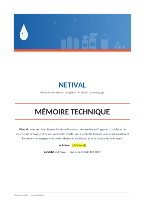 Aperçu du modèle de mémoire technique fourniture de produits d'entretien