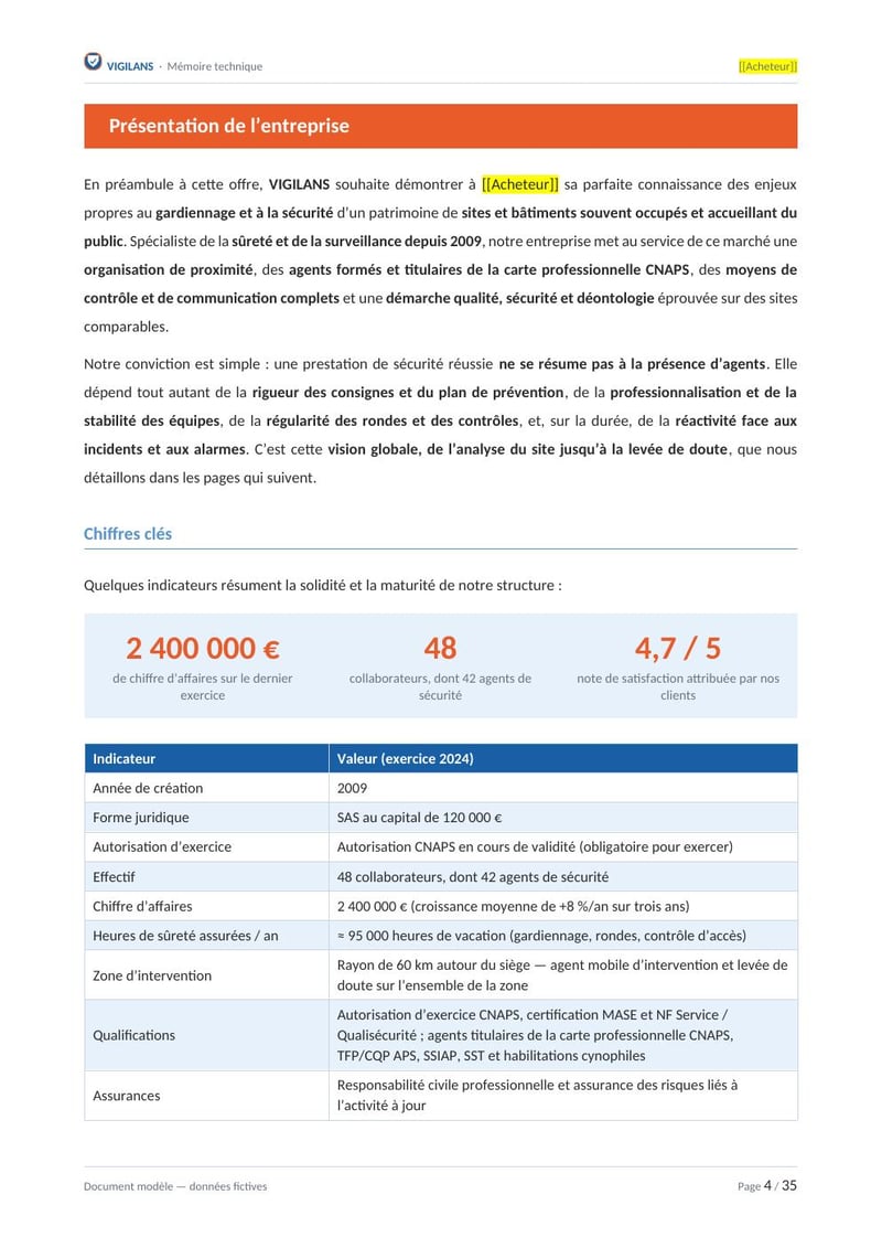 Page commentée du modèle de mémoire technique gardiennage