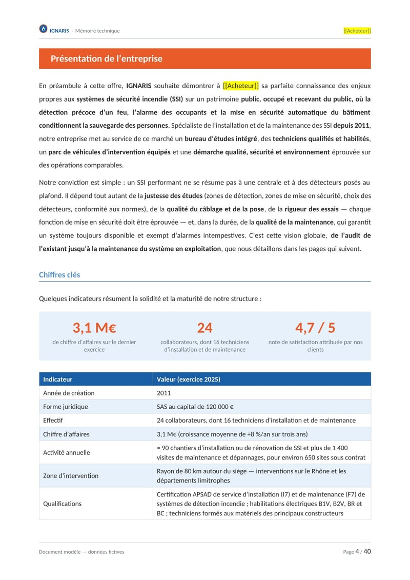 Page commentée du modèle de mémoire technique système de sécurité incendie