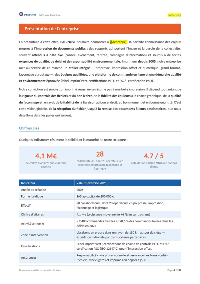 Page commentée du modèle de mémoire technique impression
