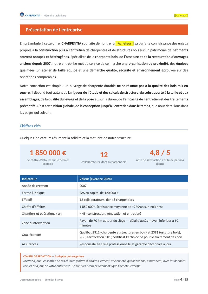 Page commentée du modèle de mémoire technique charpente