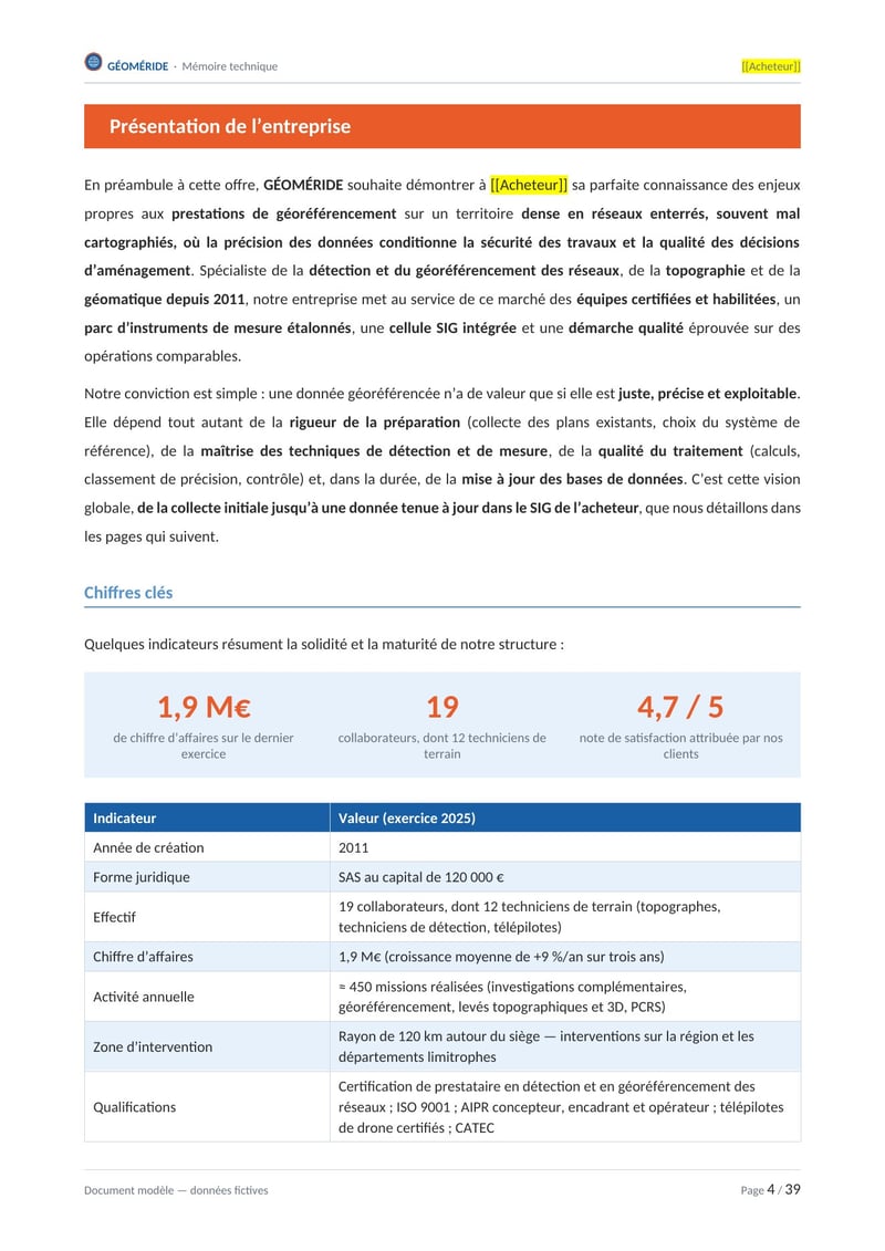 Page commentée du modèle de mémoire technique géoréférencement