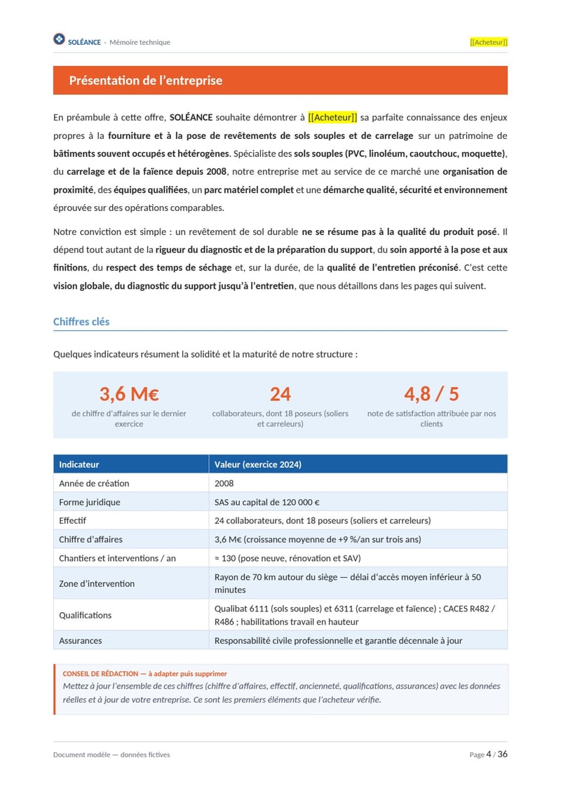 Page commentée du modèle de mémoire technique revêtement de sols