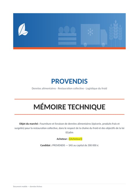 Aperçu du modèle de mémoire technique fourniture d'aliments