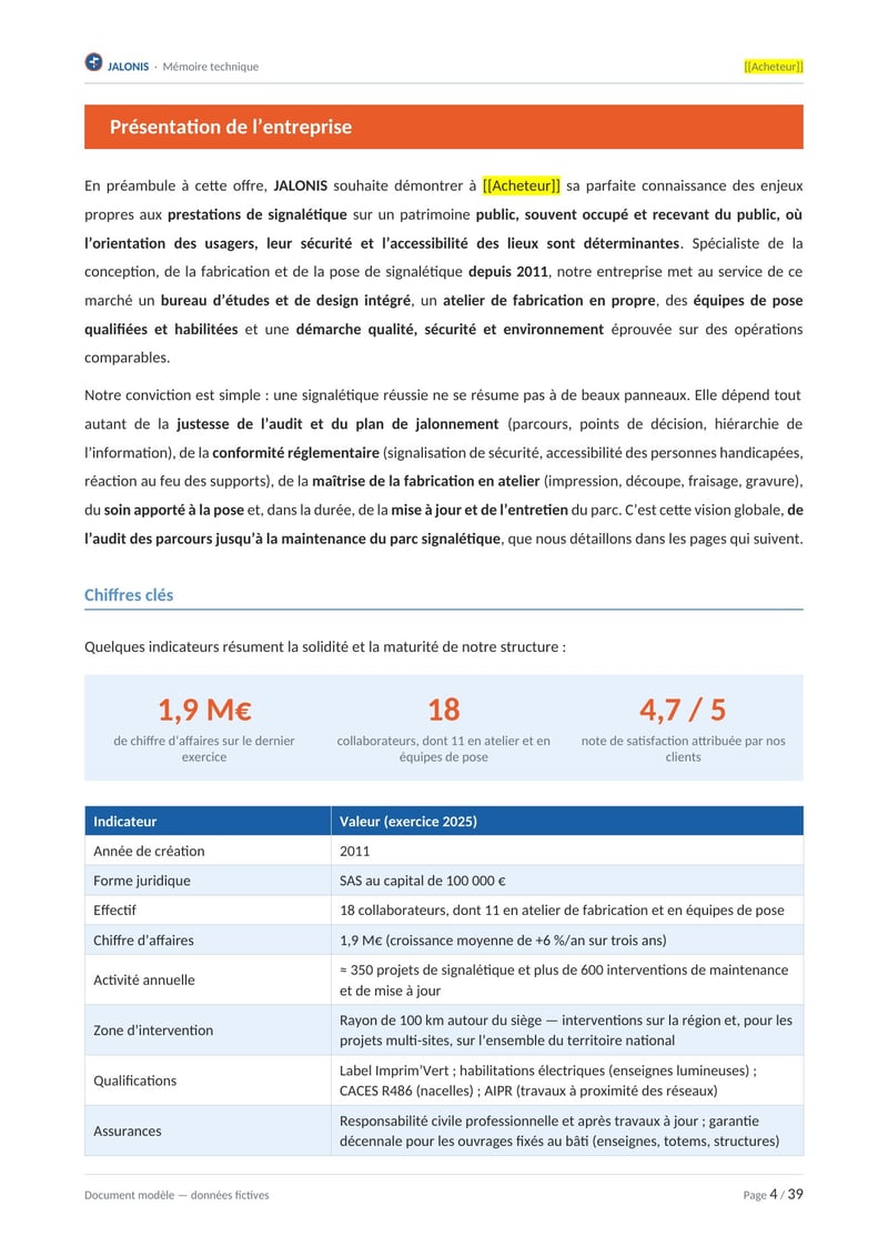 Page commentée du modèle de mémoire technique signalétique