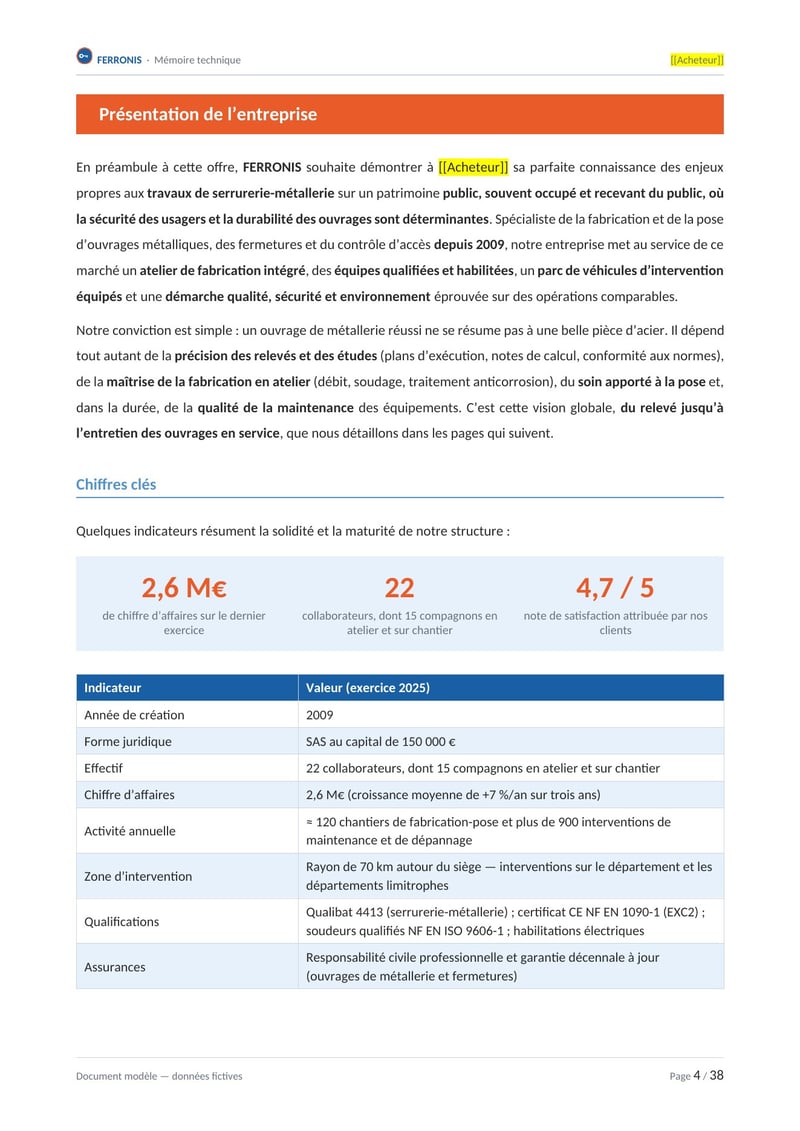 Page commentée du modèle de mémoire technique serrurerie — métallerie
