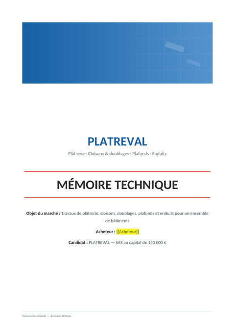 Aperçu du modèle de mémoire technique plâtrerie