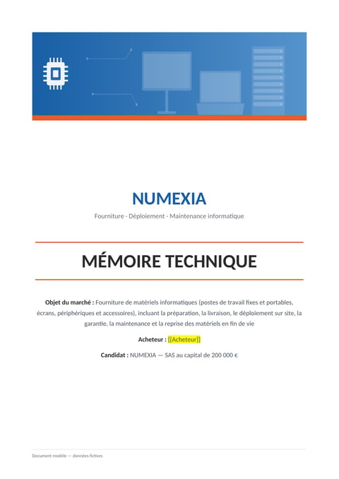 Aperçu du modèle de mémoire technique fourniture de matériel informatique