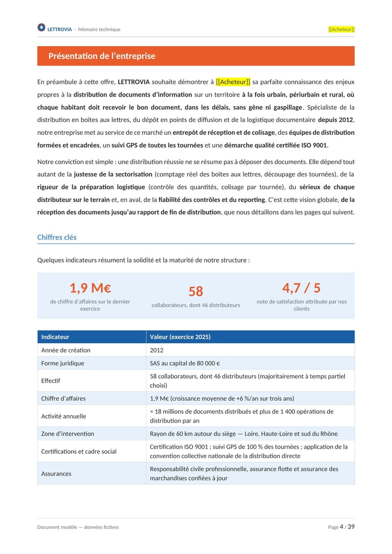 Page commentée du modèle de mémoire technique distribution de prospectus