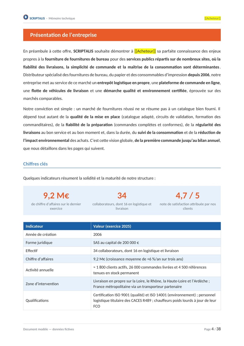 Page commentée du modèle de mémoire technique fourniture de fournitures de bureau
