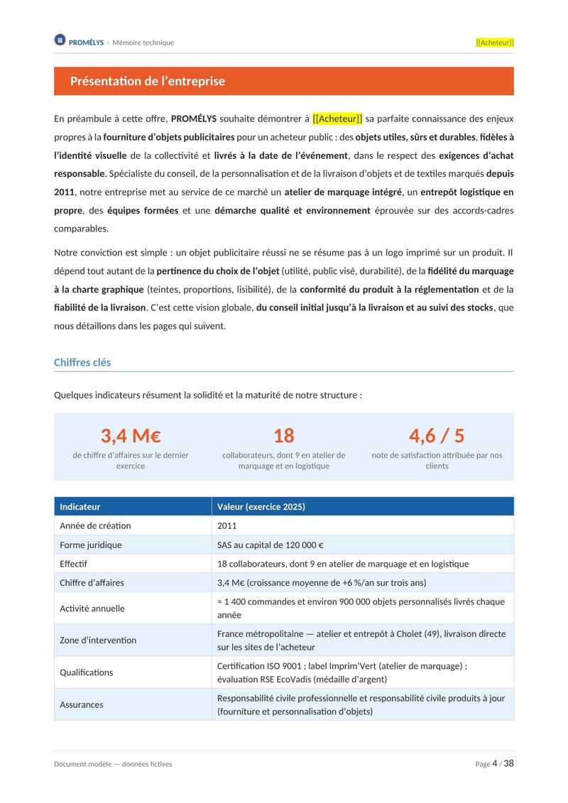 Page commentée du modèle de mémoire technique fourniture d'objets publicitaires