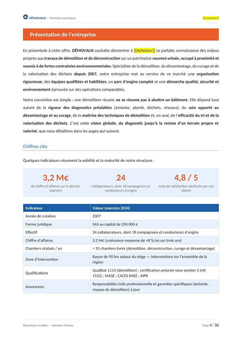 Page commentée du modèle de mémoire technique démolition