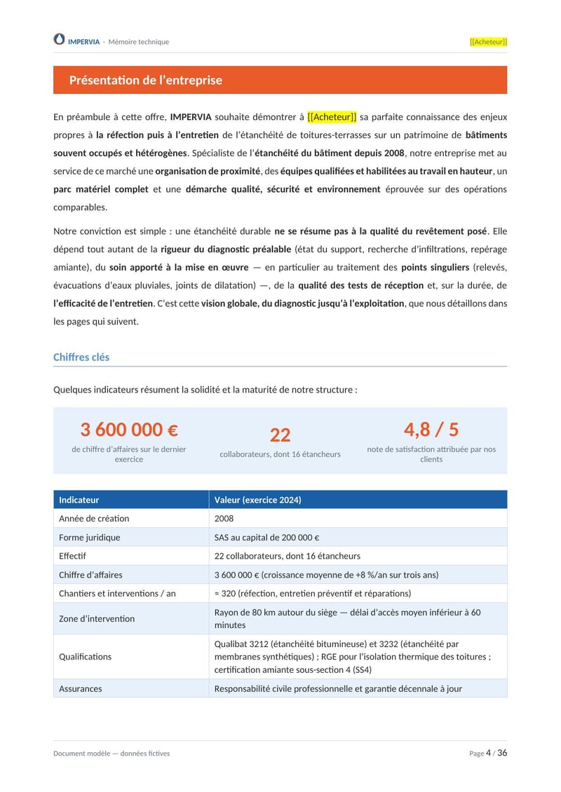 Page commentée du modèle de mémoire technique étanchéité