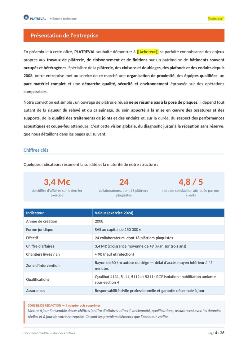 Page commentée du modèle de mémoire technique plâtrerie