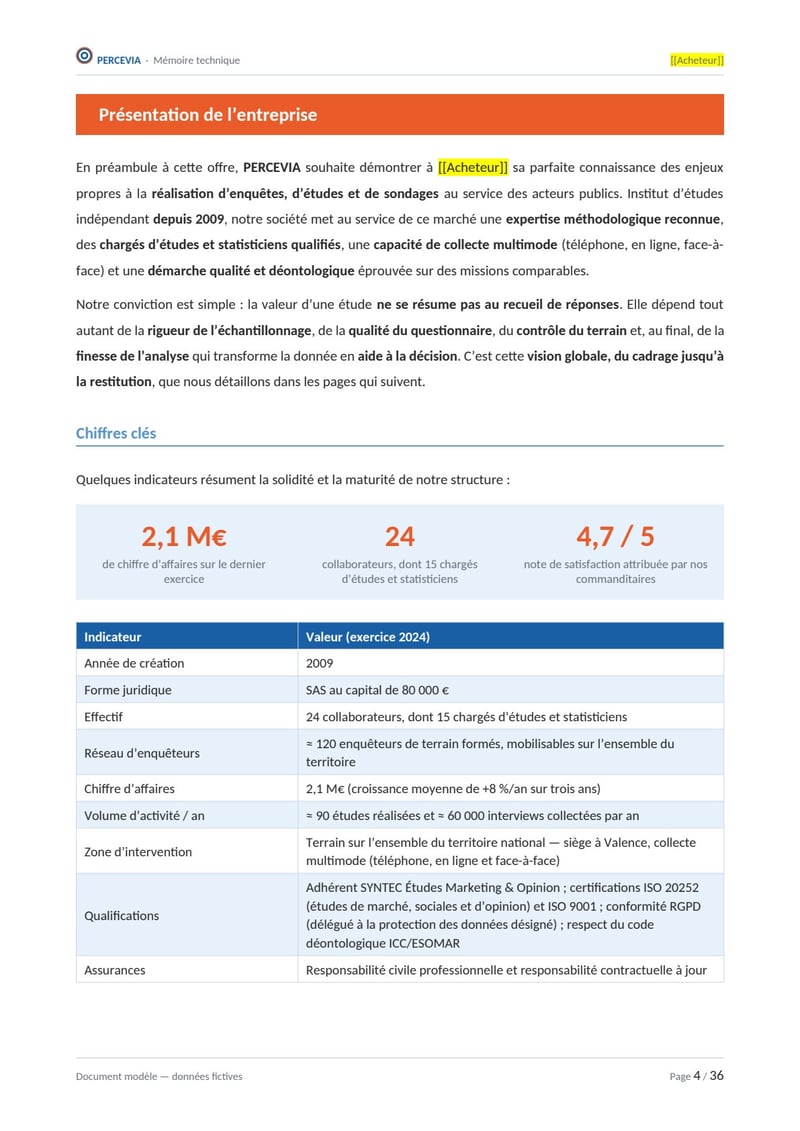 Page commentée du modèle de mémoire technique enquêtes