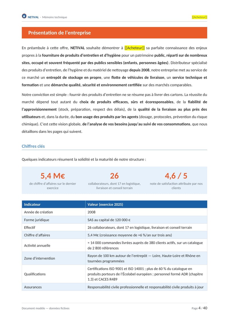 Page commentée du modèle de mémoire technique fourniture de produits d'entretien