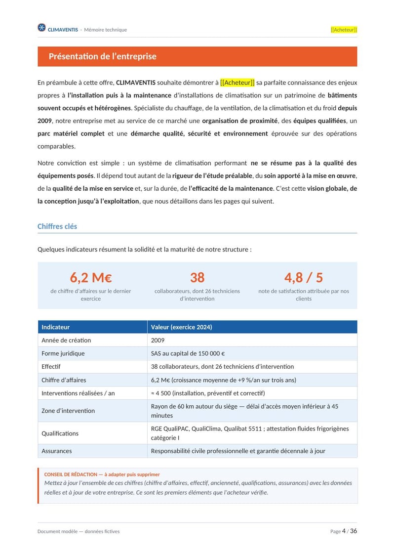 Page commentée du modèle de mémoire technique climatisation
