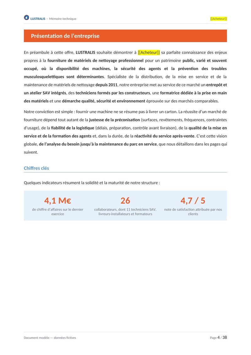 Page commentée du modèle de mémoire technique fourniture de matériel de nettoyage