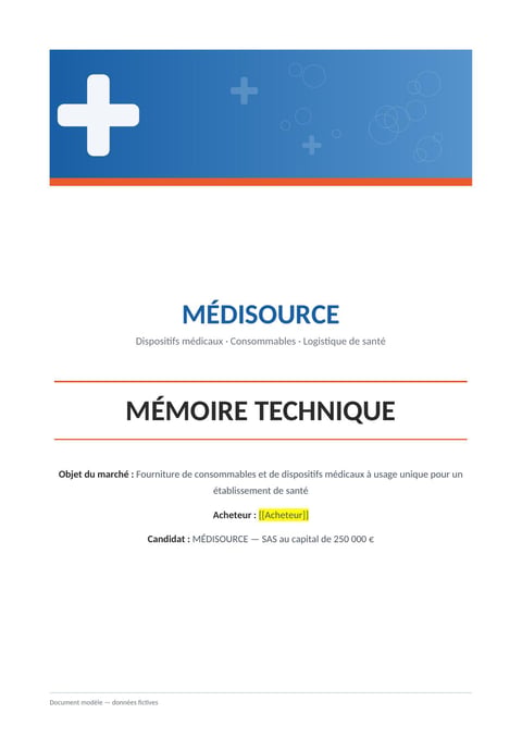 Aperçu du modèle de mémoire technique fournitures de consommables médicaux