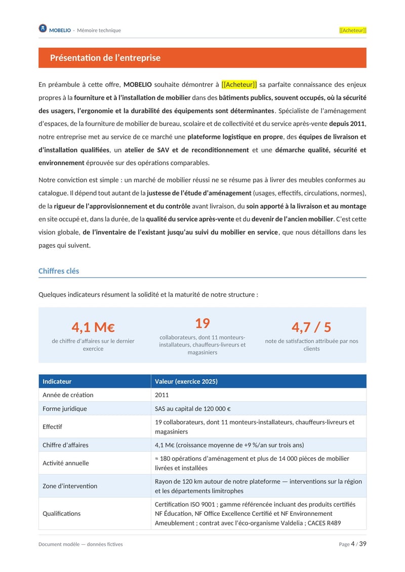 Page commentée du modèle de mémoire technique fourniture de mobilier