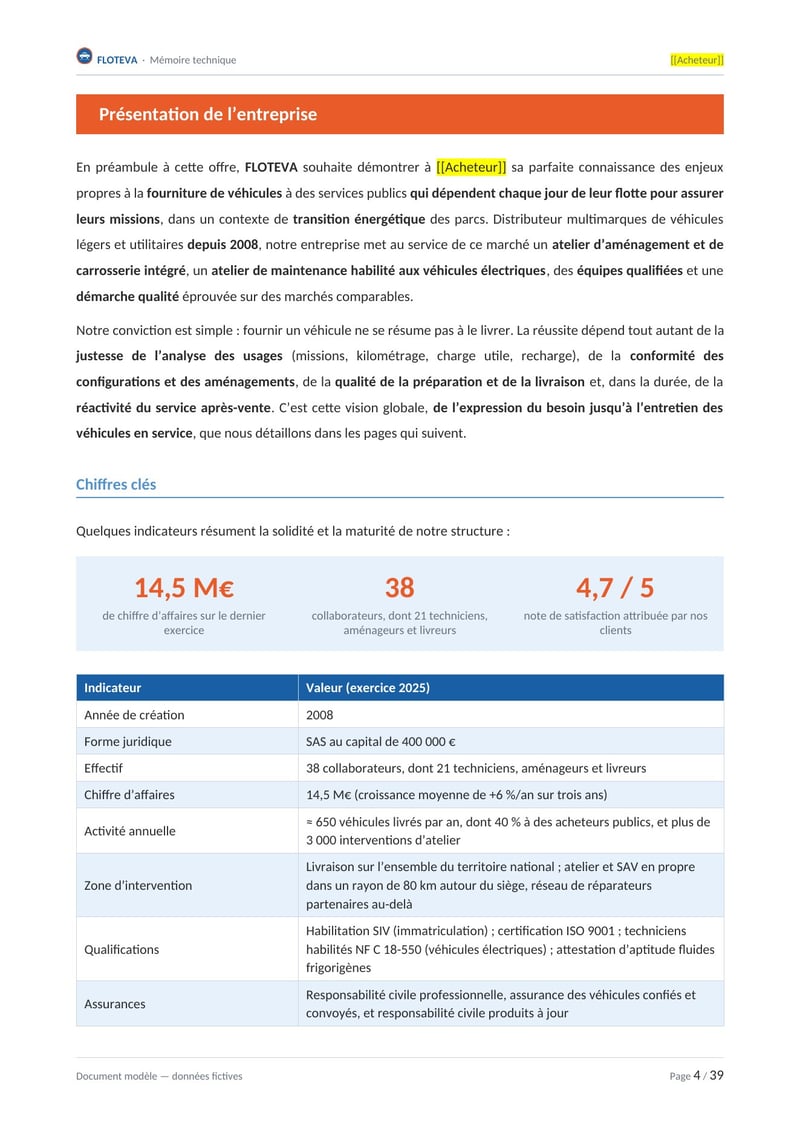 Page commentée du modèle de mémoire technique fourniture de véhicules