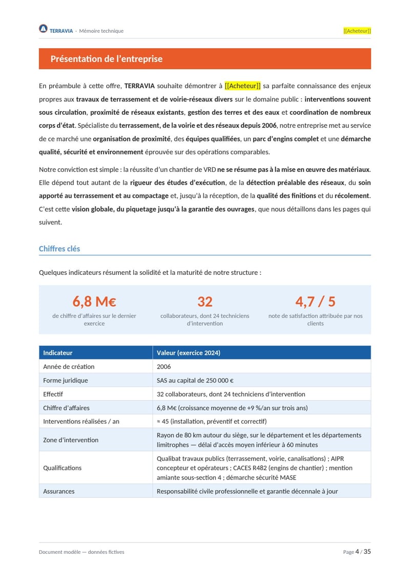 Page commentée du modèle de mémoire technique terrassement — VRD