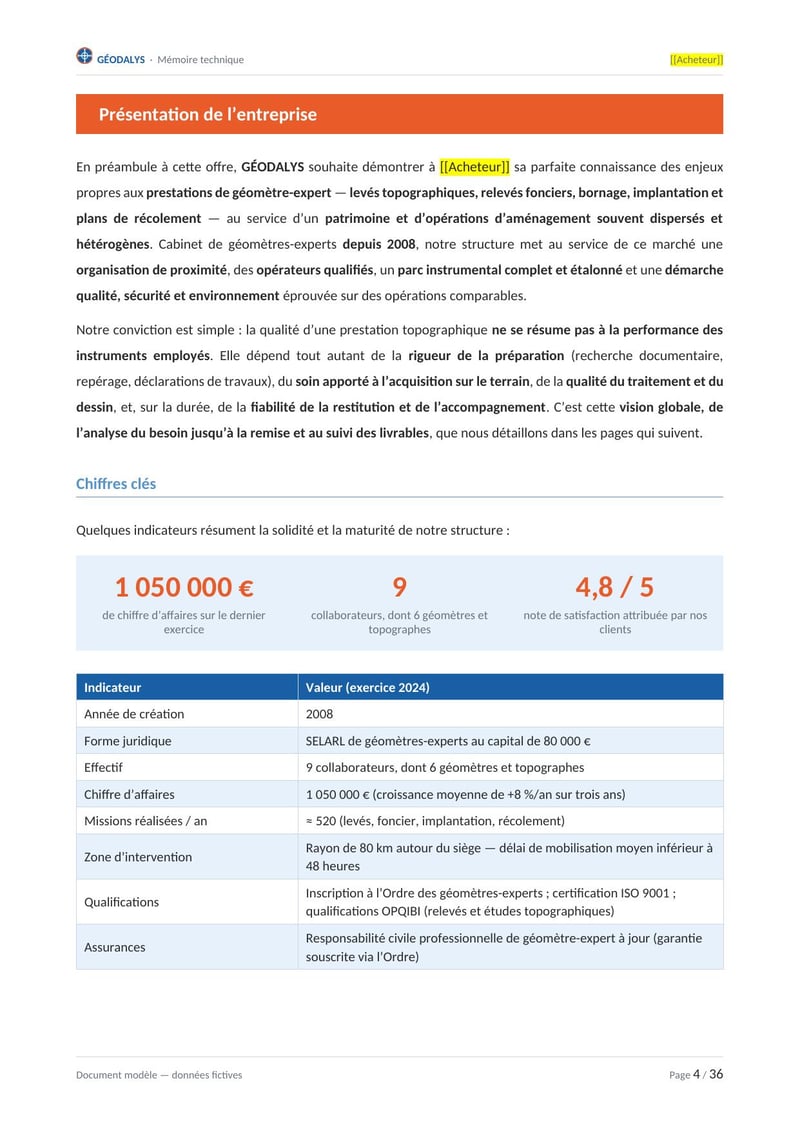 Page commentée du modèle de mémoire technique géomètre
