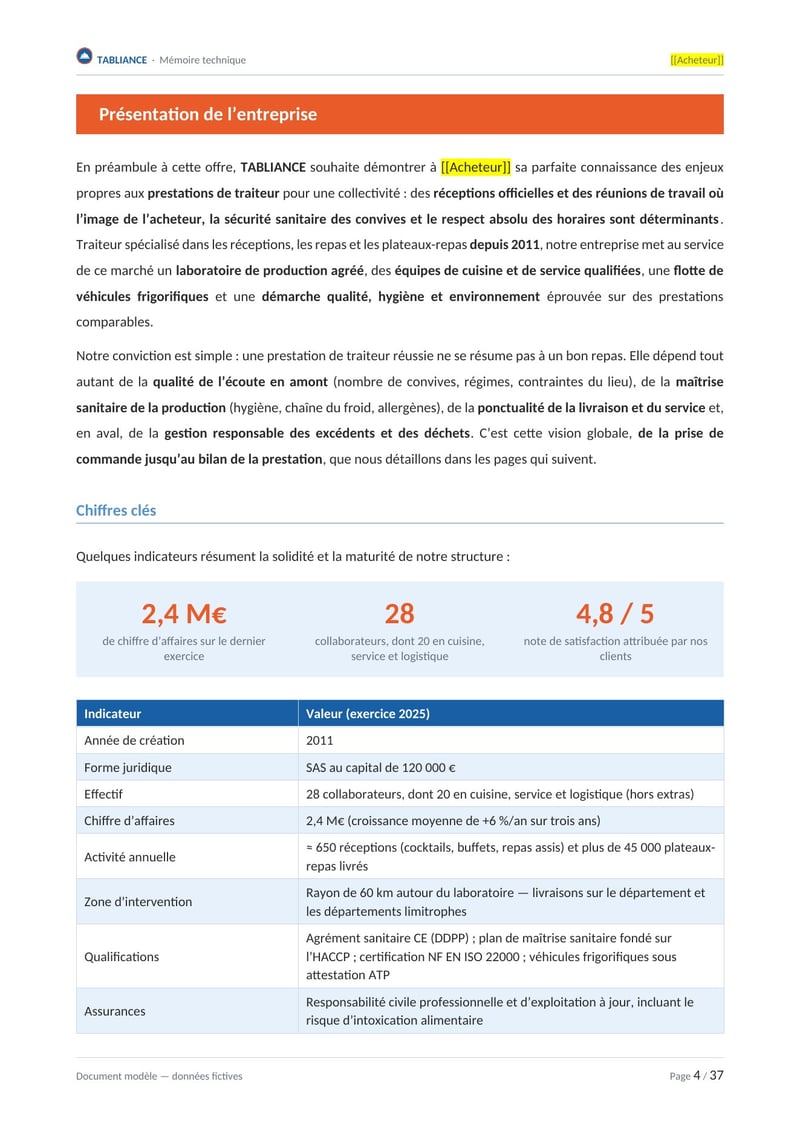Page commentée du modèle de mémoire technique traiteur