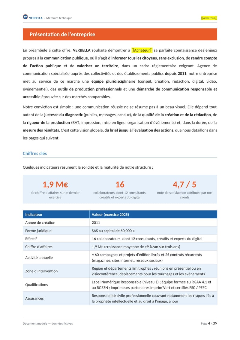 Page commentée du modèle de mémoire technique communication