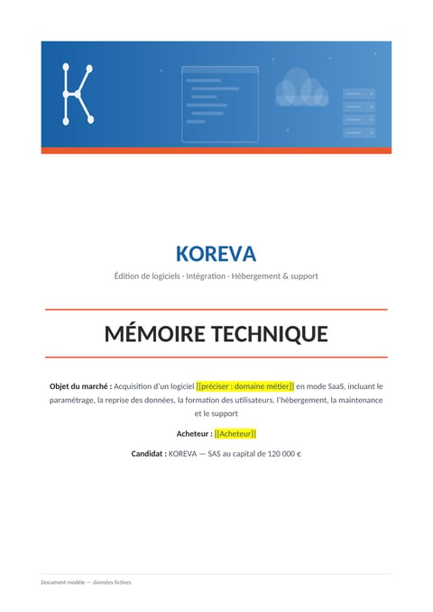 Aperçu du modèle de mémoire technique acquisition d'un logiciel