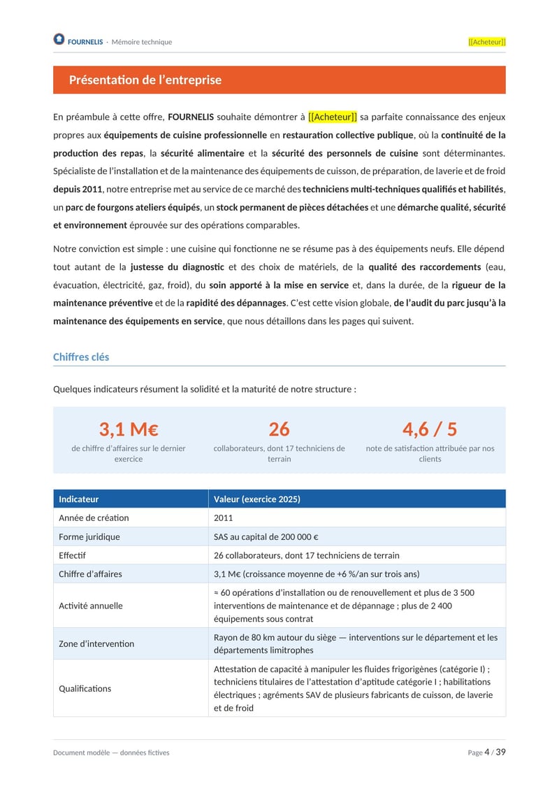Page commentée du modèle de mémoire technique équipements de cuisine