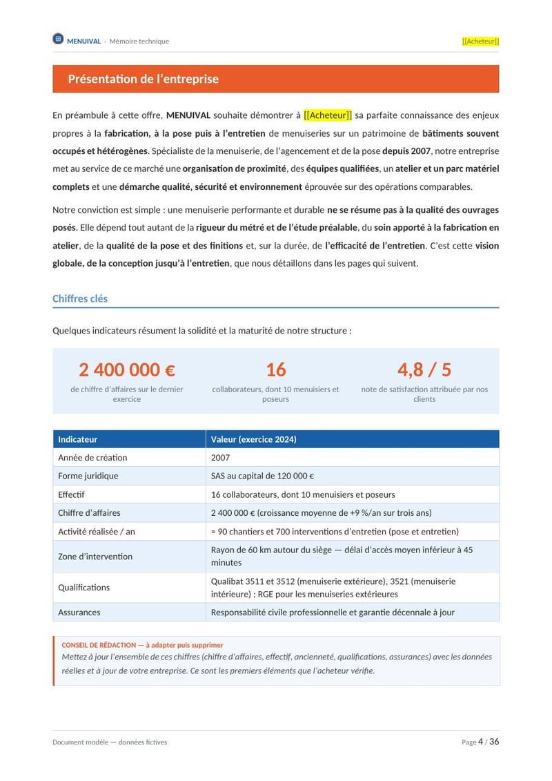 Page commentée du modèle de mémoire technique menuiserie