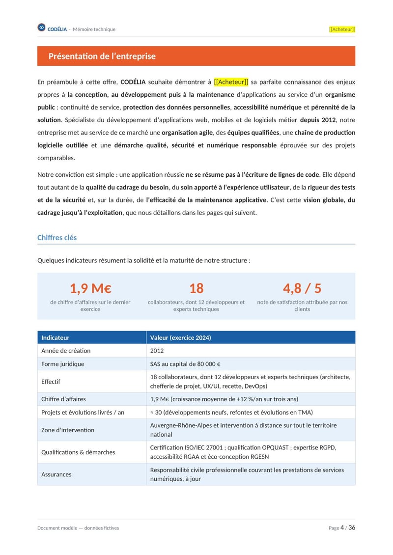 Page commentée du modèle de mémoire technique développement d'applications